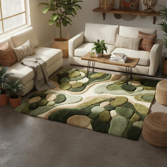 Translation missing: es.Textured organic modern rug placed in a living room, complementing hardwood floors and minimalist decor while adding warmth, comfort, and visual depth with nature-inspired shapes