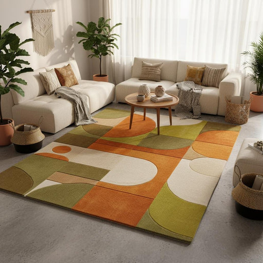 Translation missing: en.Abstract retro rug with bold curved shapes and warm earthy colors styled under a wooden coffee table and yellow armchair