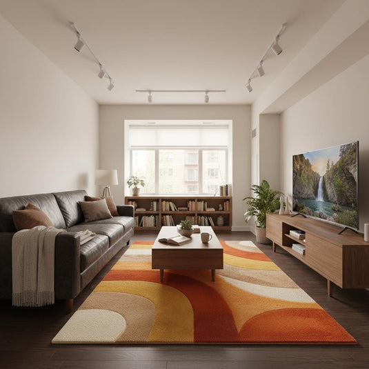 Translation missing: es.Soft plush mid century area rug with curved color-block design styled in a bright living space with natural sunlight