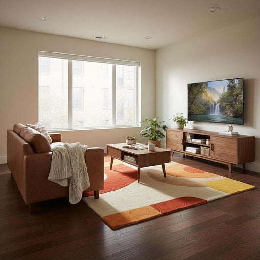 Translation missing: es.Warm-toned geometric area rug adding vintage style to a room with hardwood floors, indoor plants, and natural light