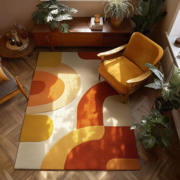 Translation missing: es.Mid century modern retro geometric rug with warm burnt orange and mustard yellow abstract curves pattern