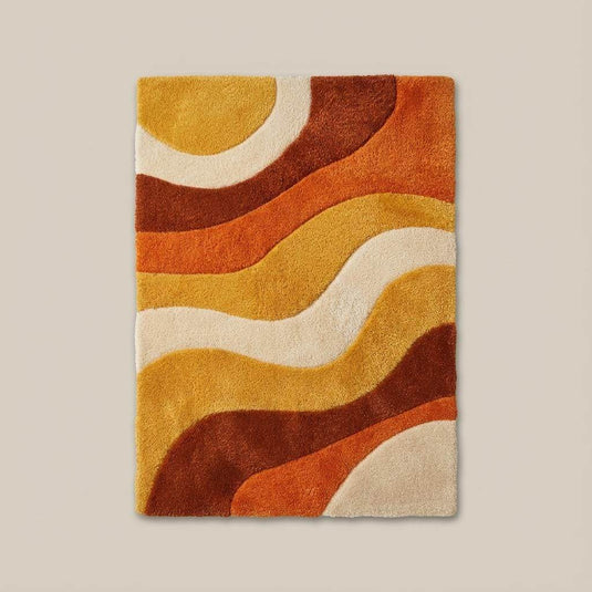 Translation missing: es.Mid century modern orange and yellow sculpted shag area rug adding warmth and dimension to a bright reading nook