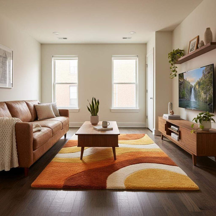 Translation missing: en.Colorful retro wavy rug with textured carving and warm tones enhancing a boho-style interior with plants and wood furniture