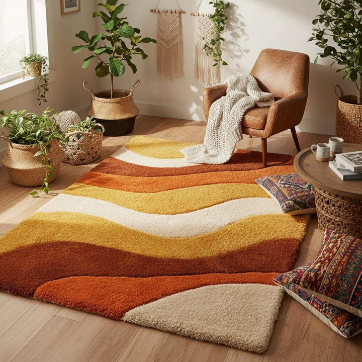 Translation missing: en.70s-inspired wave pattern rug with plush textured pile creating a retro aesthetic on wood flooring beside a vintage sideboard