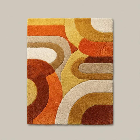 Translation missing: es.Soft plush vintage-inspired area rug featuring warm retro colors and bold curved shapes in a stylish mid-century decor setting
