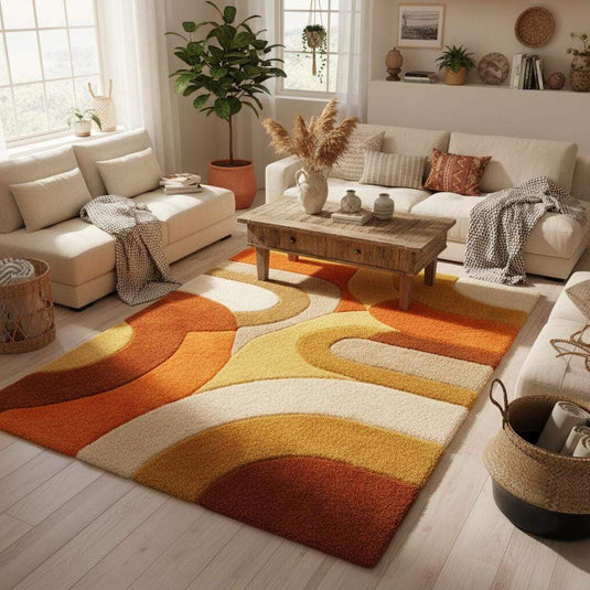 Translation missing: es.Colorful 70s style orange and mustard shag rug adding warmth and texture to a modern retro living room with plants and wood furniture