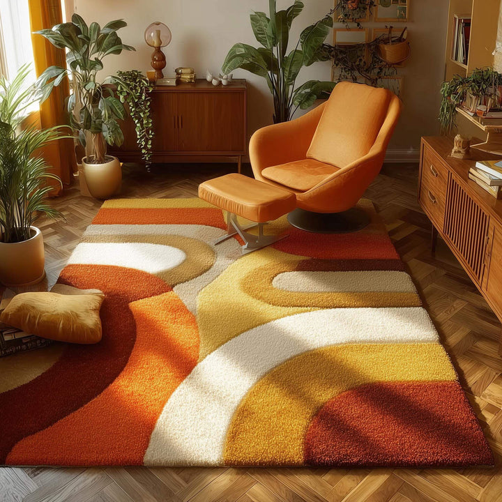 Translation missing: es.Orange mustard retro shag rug with plush soft shag carpet and mid century abstract pattern