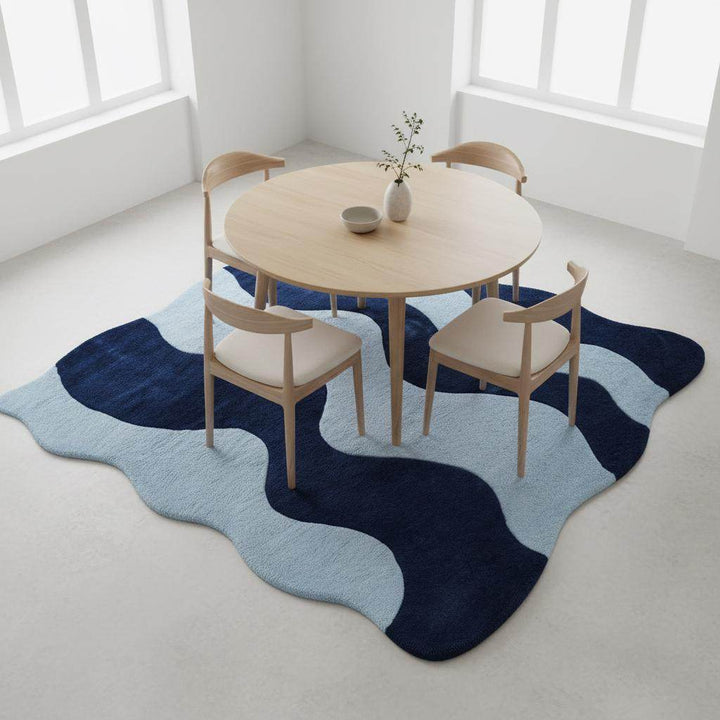 Translation missing: en.Modern wavy rug with abstract navy and light blue curved design, soft high pile, and durable synthetic fibers for contemporary living rooms