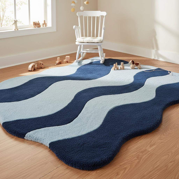Translation missing: en.Decorative blue abstract carpet with fluid shapes creating a bold statement in a minimalist mid-century interior