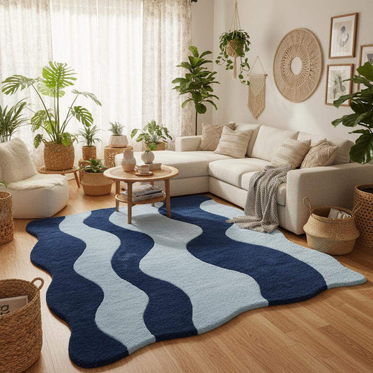 Translation missing: es.Contemporary abstract rug with flowing wave pattern in navy and light blue enhancing a cozy mid-century room