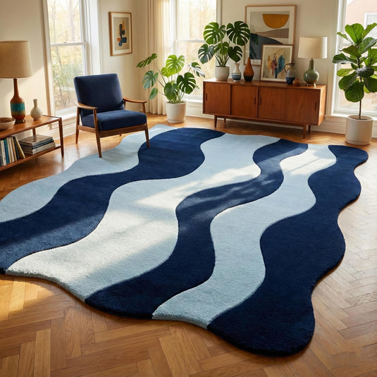 Translation missing: es.Modern wavy rug with abstract navy and light blue curved design