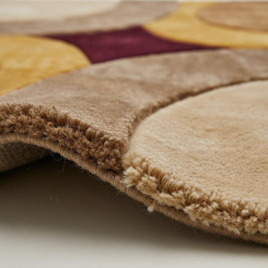 Translation missing: es.Plush shag retro rug featuring curved abstract design in earthy tones, styled with a yellow accent chair