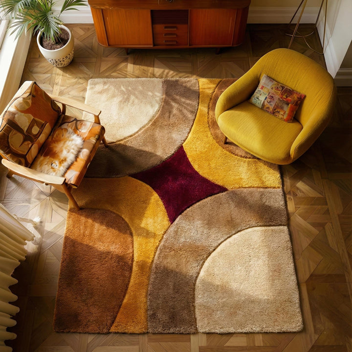 Translation missing: es.Retro geometric rug with plush shag pile in warm gold, beige, and burgundy tones for mid century modern decor