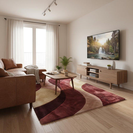 Translation missing: en.Soft retro modern accent rug featuring curved wave pattern in burgundy, cream, and blush hues