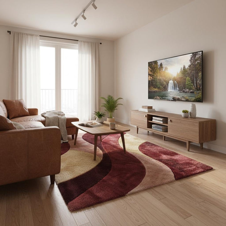 Translation missing: en.Soft retro modern accent rug featuring curved wave pattern in burgundy, cream, and blush hues