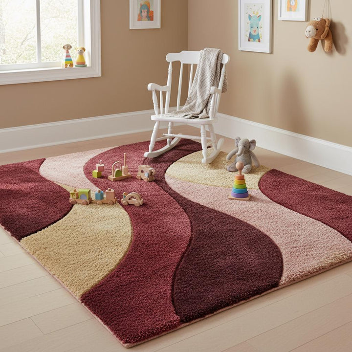 Translation missing: en.Mid century inspired wavy rug adding cozy style to a vintage themed living room setup