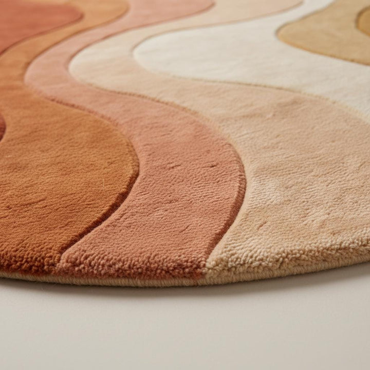 Translation missing: en.Warm color palette tufted wool rug featuring organic curves and soft gradient waves in a cozy modern interior