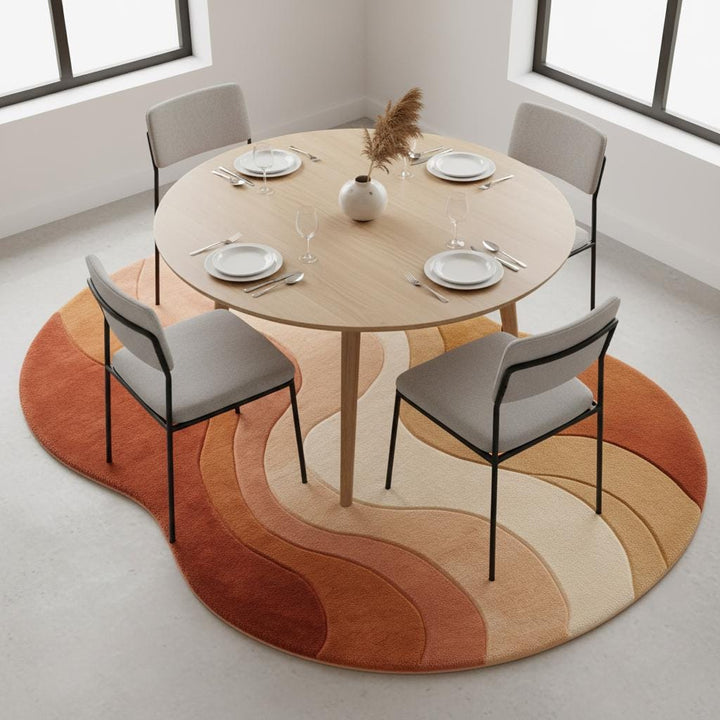 Translation missing: en.Custom handmade wool carpet with flowing abstract lines in warm earthy hues, photographed in bright living room