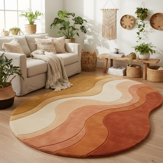 Translation missing: en.Organic shape wool area rug featuring sculpted wavy design in yellow, cream, and terracotta tones on hardwood flooring