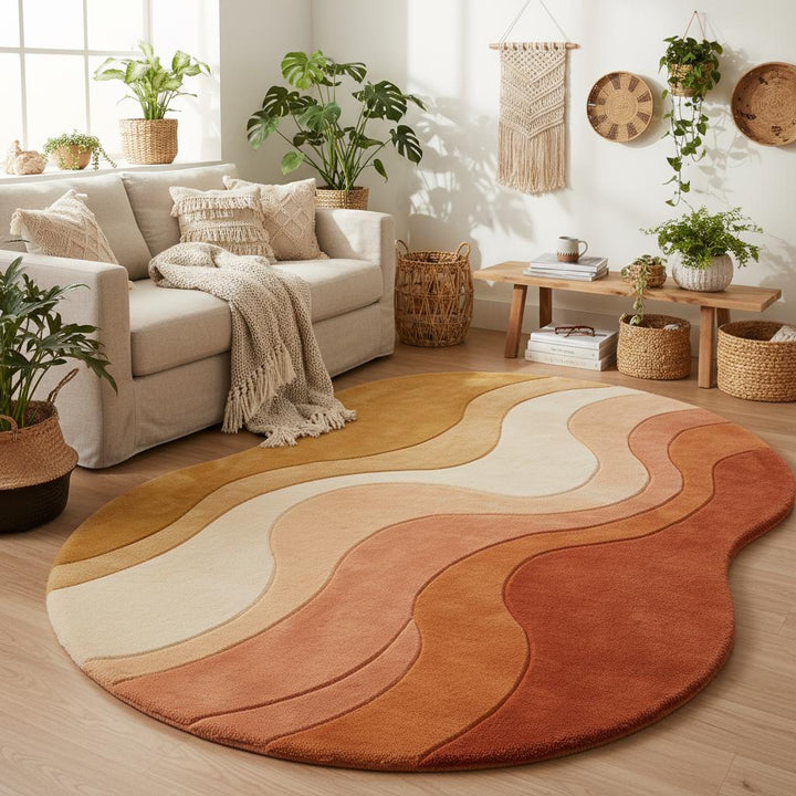 Translation missing: en.Organic shape wool area rug featuring sculpted wavy design in yellow, cream, and terracotta tones on hardwood flooring