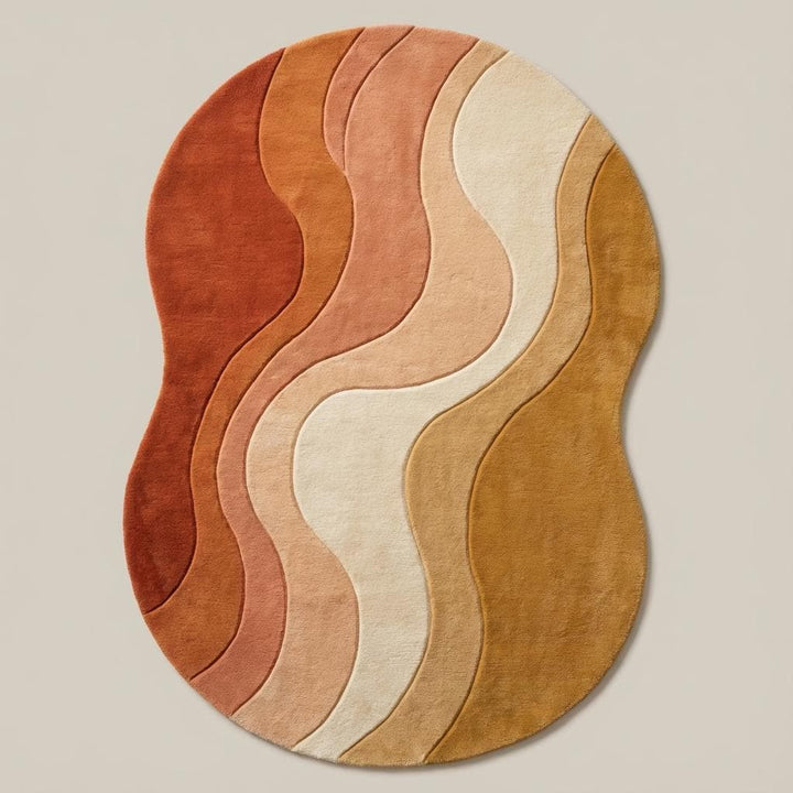 Translation missing: en.Modern wavy area rug with abstract ocean pattern in warm sunset colors, hand tufted 100% wool carpet with sculptural tufted design and freeform shape