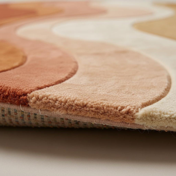 Translation missing: en.Modern wavy area rug with abstract ocean pattern in sunset colors, hand tufted wool carpet with sculptural texture and freeform shape