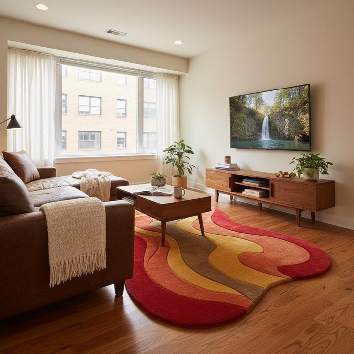 Translation missing: en.Unique wavy abstract carpet with groovy flowing lines, styled in a vintage-inspired living room with indoor plants and natural light
