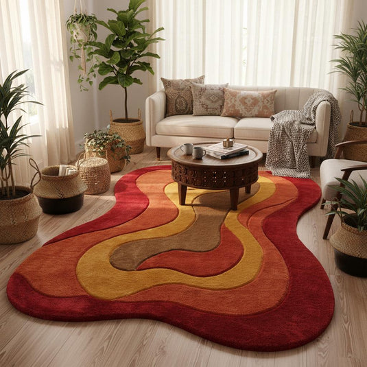 Translation missing: en.Soft organic-shaped 70s style rug with layered curved lines displayed in a bright living room with mid-century modern furniture