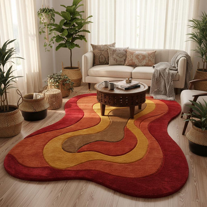 Translation missing: en.Soft organic-shaped 70s style rug with layered curved lines displayed in a bright living room with mid-century modern furniture