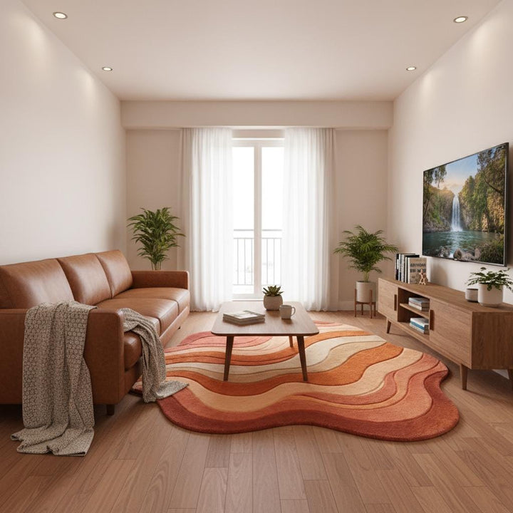 Translation missing: es.Earth-tone wavy carpet with contour detailing underneath a round modern chair, ideal for boho or mid-century décor