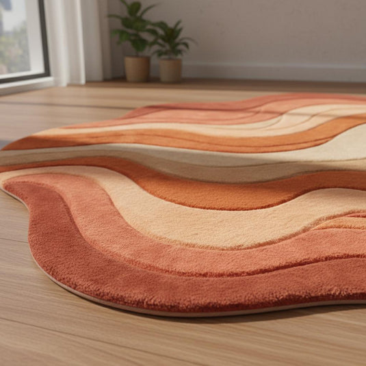 Translation missing: es.Handcrafted sculpted tuft rug with abstract wavy design creating a cozy, retro-inspired reading nook