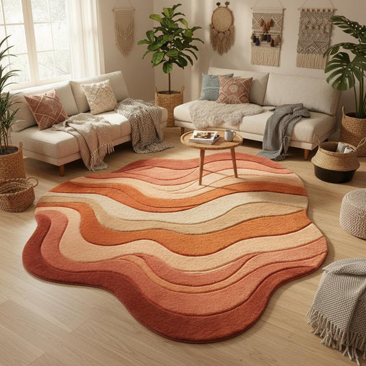 Translation missing: es.Modern curvy area rug featuring multi-level tufting and soft warm hues styled in a minimalist living space