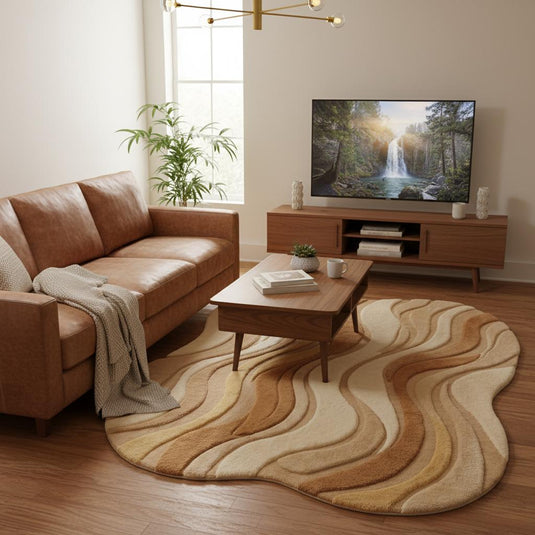 Translation missing: es.Neutral beige curved area rug with wavy sculpted texture for modern living rooms