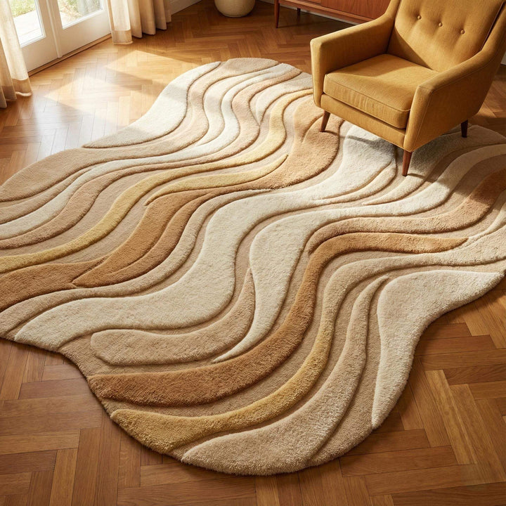 Translation missing: es.Neutral beige curved area rug with wavy sculpted texture for modern living rooms