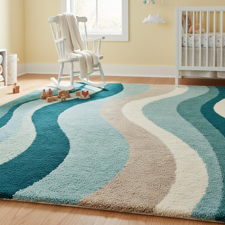 Translation missing: en.Abstract curvy design area rug in blue tones styled with vintage furniture and indoor plants