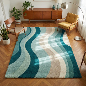 Translation missing: en.Mid century modern rug with teal and beige abstract wavy design and plush pile carpet