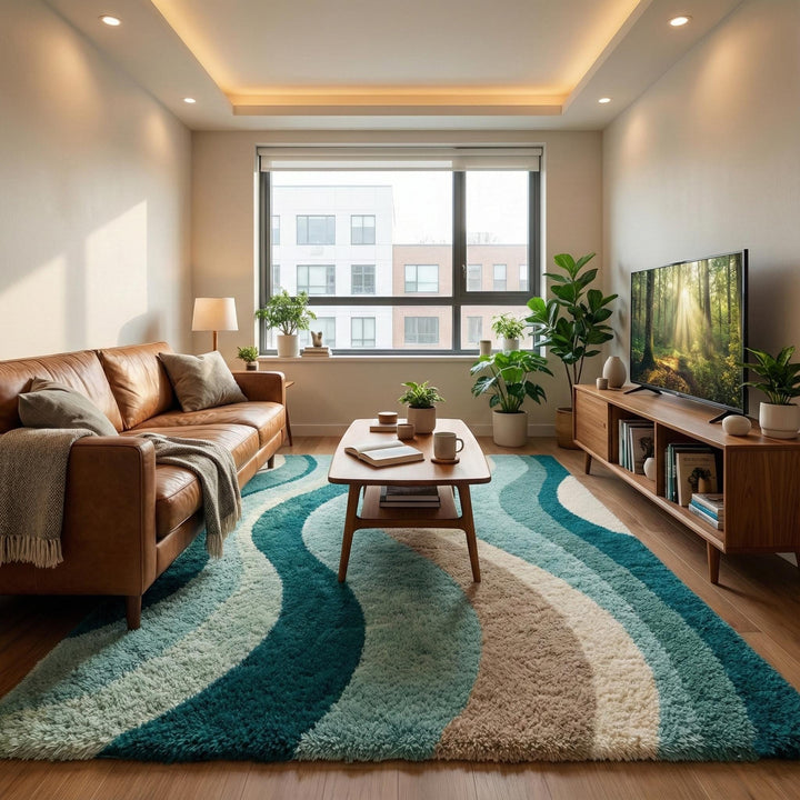 Translation missing: en.Mid century modern rug with teal beige abstract wavy design and plush pile carpet