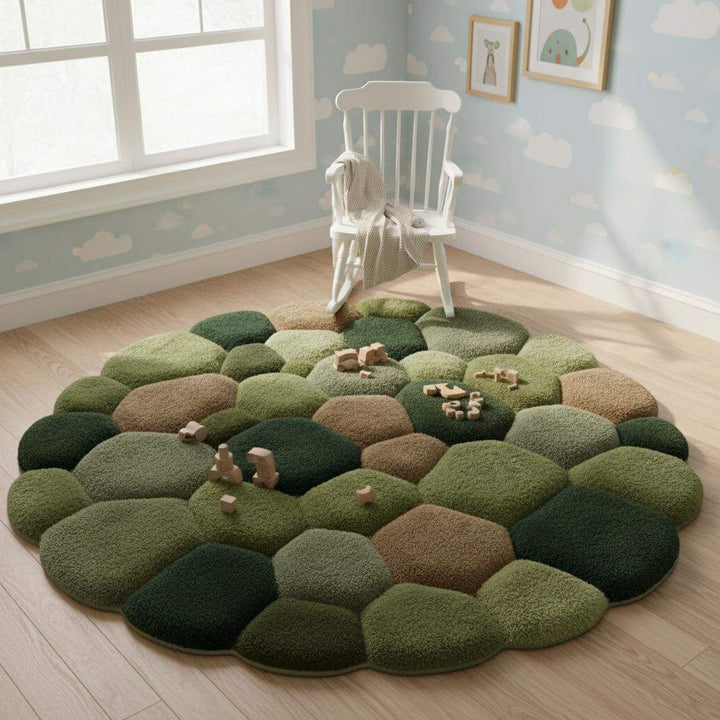 Translation missing: en.Close-up of multi-height tufted stone rug featuring forest greens and browns, adding warmth and texture to interior décor