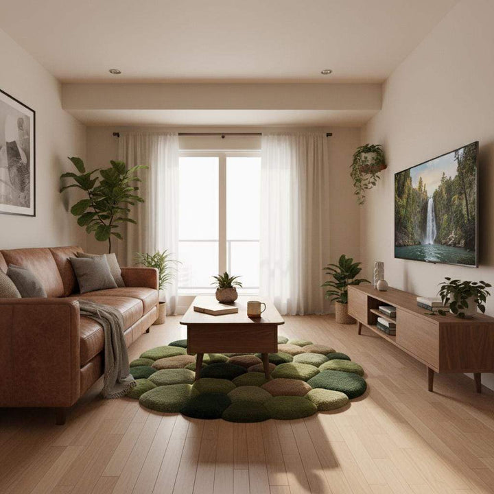 Translation missing: en.Nature-themed round area rug with moss-like plush stones arranged in varying sizes beneath a low wooden table