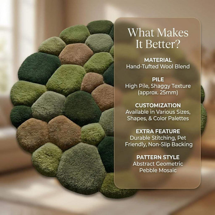 Translation missing: en.Soft textured green moss rug with 3D pebble stone design for organic home decor