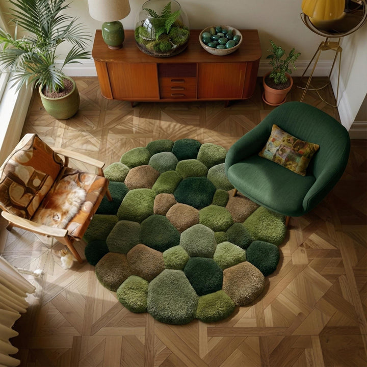 Translation missing: en.Soft textured green moss rug with 3D pebble stone design for organic home decor