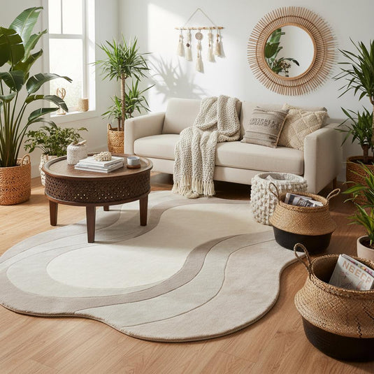 Translation missing: es.Neutral wavy area rug with sculpted beige pile and curved abstract design for modern home decor