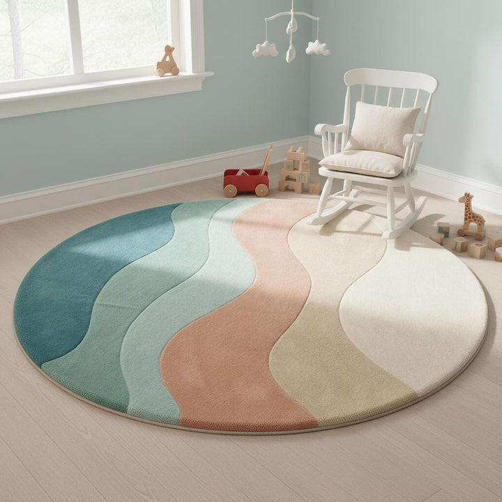 Translation missing: es.Contemporary abstract rug in calming earth-tone waves adding warmth and style to a cozy living room corner