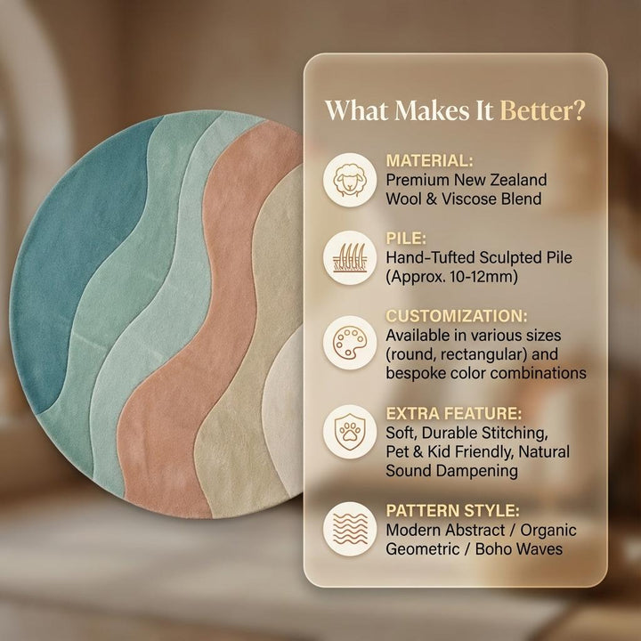 Translation missing: es.Modern round wavy area rug with soft plush texture and curvy wave design in neutral tones