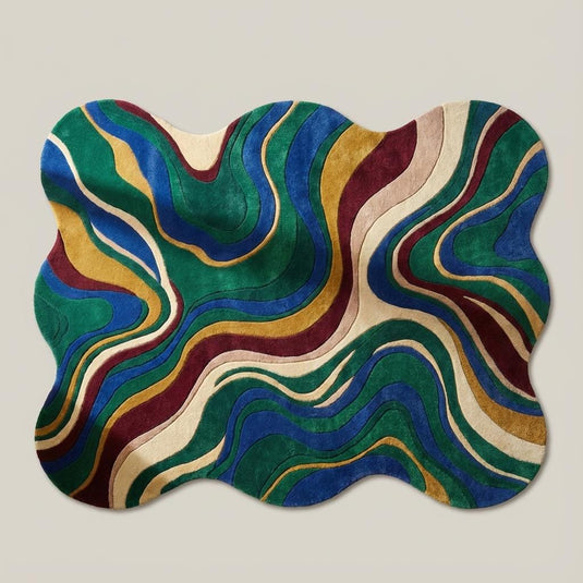 Translation missing: es.Colorful retro-modern rug with flowing curved lines and irregular edges on a geometric wood floor, styled with mid-century décor