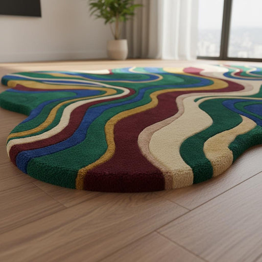 Translation missing: es.Abstract wavy rug with vibrant retro modern colors and organic wavy-edge silhouette in mid century style