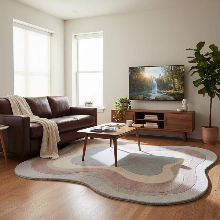 Translation missing: en.Soft wool handmade rug with flowing layered shapes in beige, mauve, and blue tones, styled under natural window light