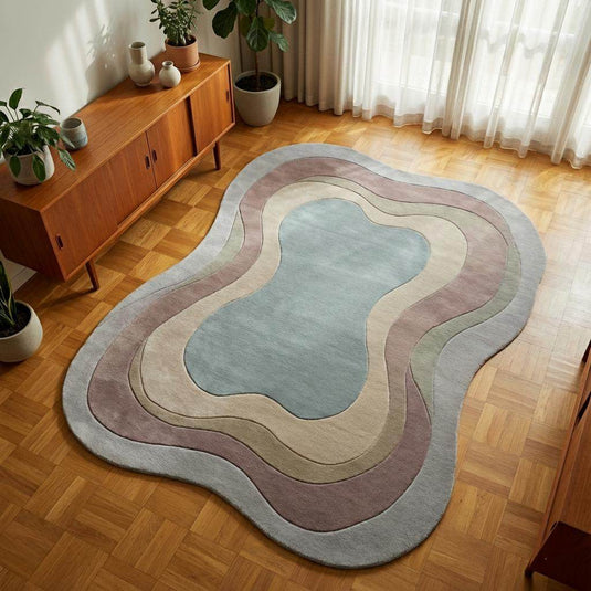 Translation missing: es.Handmade wool rug with organic shape and soft tufted texture for cozy living room decor