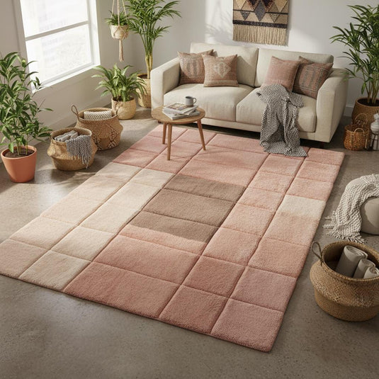 Translation missing: es.Modern geometric rug in plush pink neutral tones with textured grid pattern for living room and bedroom decor
