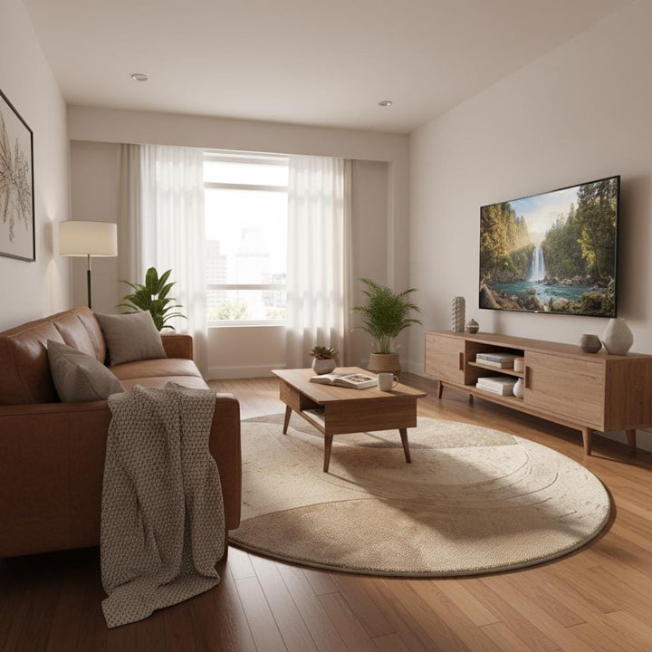 Translation missing: es.Textured modern wool rug in round shape, displayed in an elegant room with warm wood floors and minimalist furniture